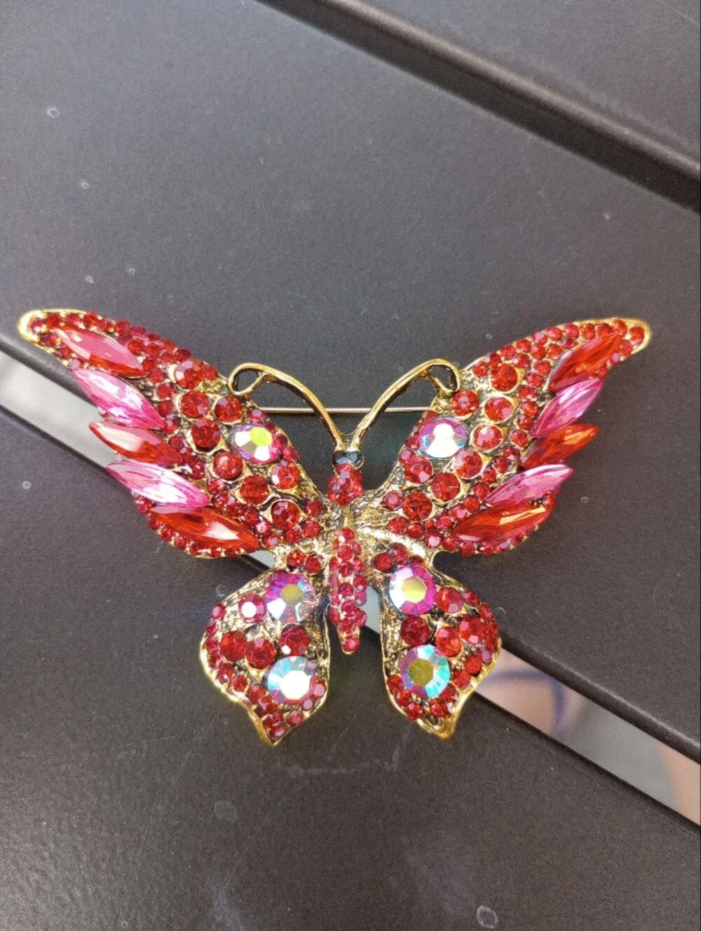 Gold-Tone Red Crystal Butterfly Brooch